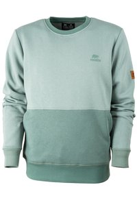 Mintgrüner Pullover mit gerippten Bündchen und Saum. Verfügt über ein tonal gehaltenes Design mit einem Bärenlogo und einer Tasche auf der Vorderseite. Aus weichem Baumwollmix-Material.