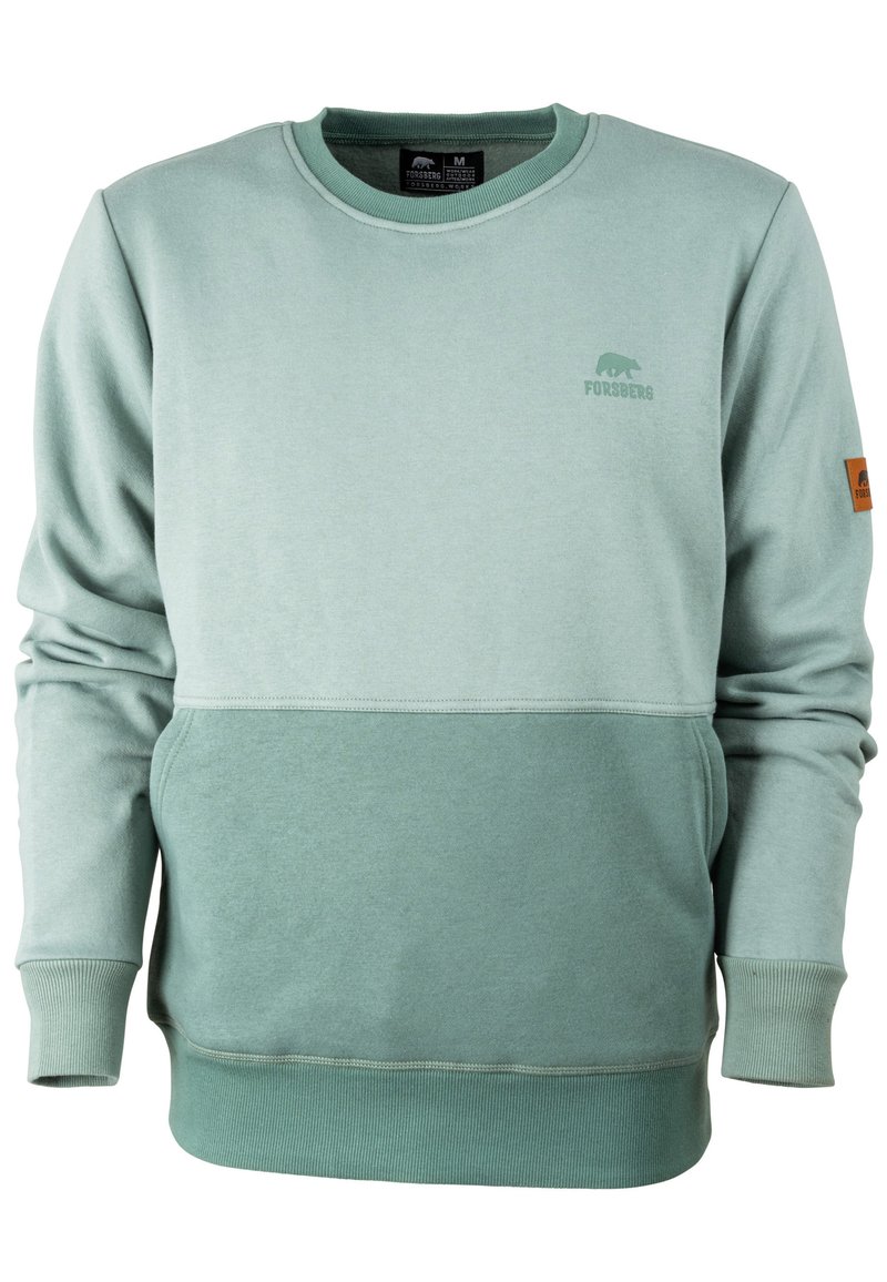 Mintgrüner Pullover mit gerippten Bündchen und Saum. Verfügt über ein tonal gehaltenes Design mit einem Bärenlogo und einer Tasche auf der Vorderseite. Aus weichem Baumwollmix-Material.