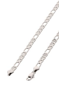 Zilveren metalen ketting met grote in elkaar grijpende schakels en een veilige karabijnsluiting. Glad oppervlak met een gepolijste afwerking.