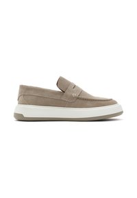 Light beige suede slip-on shoe with a rounded toe, featuring a stitched design, elastic side accents, and a white rubber sole.