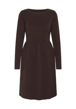 Rochie lungă, cu mâneci lungi, de culoare maro, cu un corset ajustat și fustă pliată. Dispune de un decolteu rotund și țesătură texturată. Siluetă clasică.