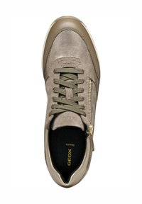 Sneaker in suede e pelle color taupe con lacci oliva, zip laterale dorata, soletta nera con marchio e suola bianca, mostrata dall'alto.