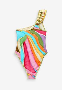 One-shoulder badebukser med et flerfarvet bølge mønster i nuancer af blå, pink, grøn, orange og brun; afsluttet med en rynket rem.