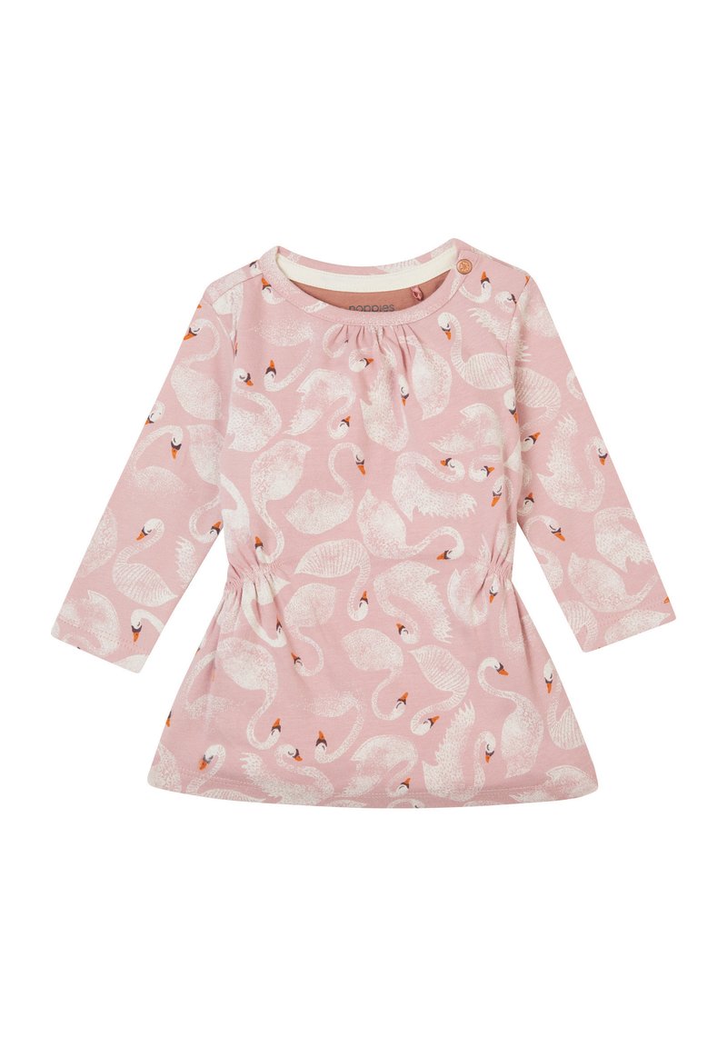 Langdurige mouw roze jurk met een zwaan patroon, geplooide halslijn en elastische taille. Gemaakt van zachte, ademende stof die geschikt is voor kinderen.
