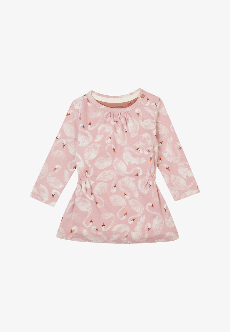 Langdurige mouw roze jurk met een zwaan patroon, geplooide halslijn en elastische taille. Gemaakt van zachte, ademende stof die geschikt is voor kinderen.