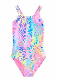 One-piece swimsuit in shiny, multicolored pattern featuring pink, blue, and yellow hues, with thin straps and a classic cut.