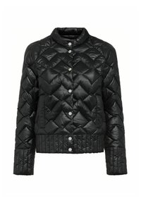 Czarna pikowana kurtka puchowa z wysokim kołnierzem, zatrzaskami, prążkowanym wykończeniem i teksturowanym diamentowym wzorem na tkaninie.