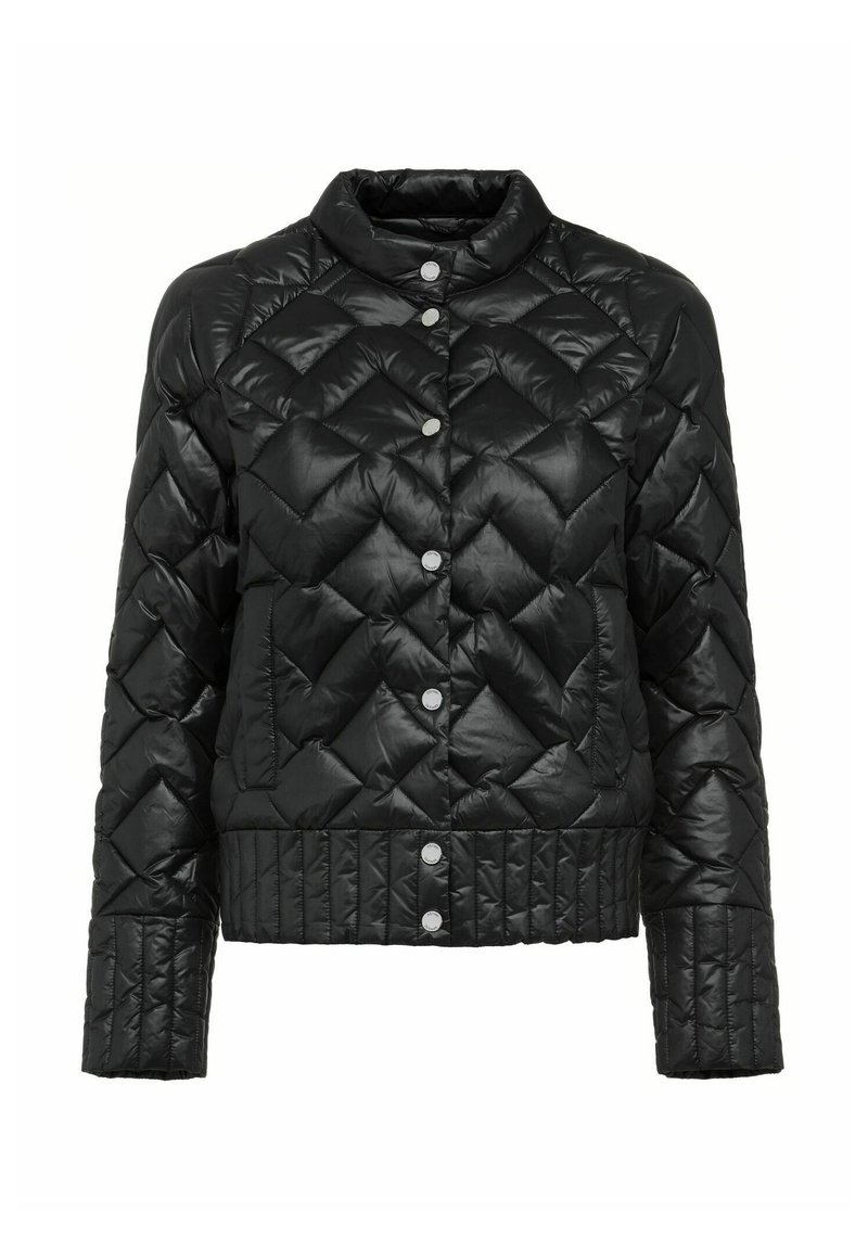 Giacca a vento trapuntata nera con colletto alto, bottoni a pressione, orlo a costine e motivo a diamante in rilievo su tutto il tessuto.