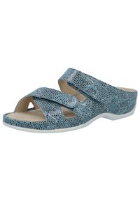 Blue patterned slip-on sandals with two adjustable straps, rounded toe, and white sole. Textured upper resembling snake skin. Soft interior.