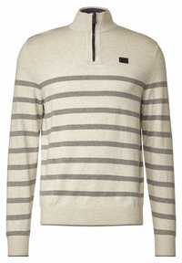 Jasno beżowy sweter w szare paski, z wysokim kołnierzem i pół-zamkiem. Posiada ribbowane mankiety i dół, wykonany z miękkiego materiału teksturowanego.