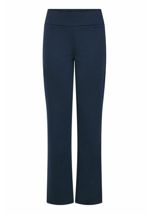 Tamsiai mėlynos sportinės kelnės, pagamintos iš tamprios medžiagos su plačia juosmens juosta; su tiesiu kojų kirpimu ir lygiu paviršiumi.