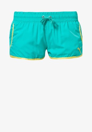 Turkoosit uimashortsit, joissa keltaiset yksityiskohdat, joustava vyötärönauha ja kiristysnauha, kaksi sivutaskua ja sileä, kevyt kangas.