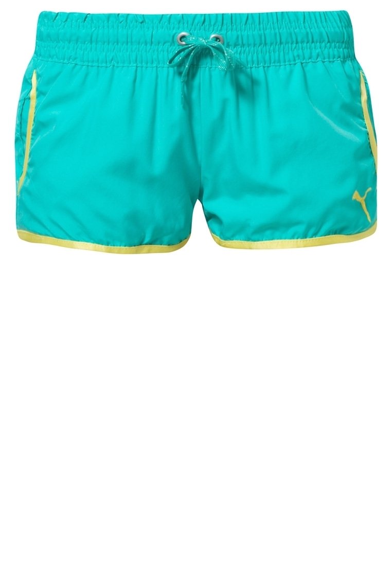 Tyrkysové plavkové šortky se žlutými akcenty, elastickým pasem a šňůrkou, vybavené dvěma bočními kapsami a hladkým, lehkým materiálem.