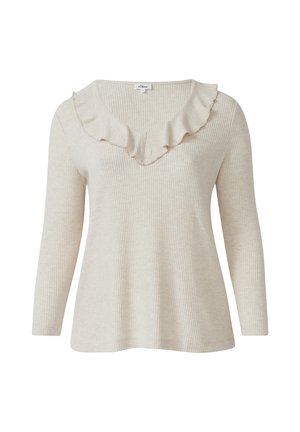 Beige ribbed long-sleeve top with a V-neck, featuring a ruffled trim along the neckline. Soft texture and relaxed fit.