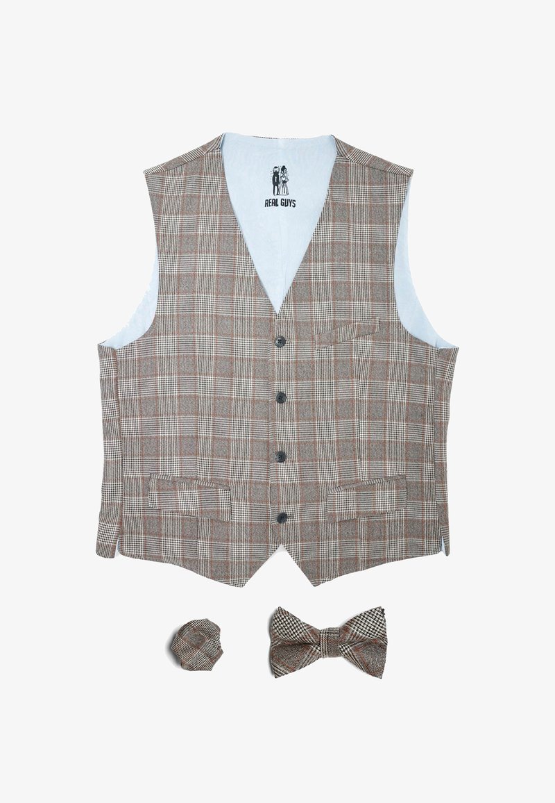 Braun-weißer karierter Weste mit weißem Futter, fünf Knöpfen und zwei Taschen, begleitet von einer passenden Fliege und Einstecktuch.