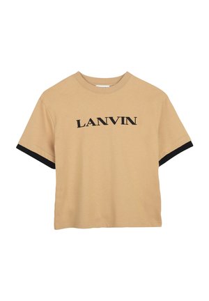 Beżowy krótki T-shirt z krótkim rękawem, z czarną lamówką na rękawach i czarnym nadrukiem "LANVIN" dużymi literami na piersi.