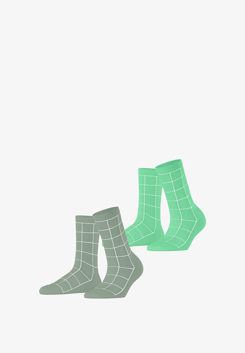 Twee paar sokken met een ruitpatroon. Het ene paar is lichtgroen met witte lijnen, en het andere is grijs met witte lijnen.