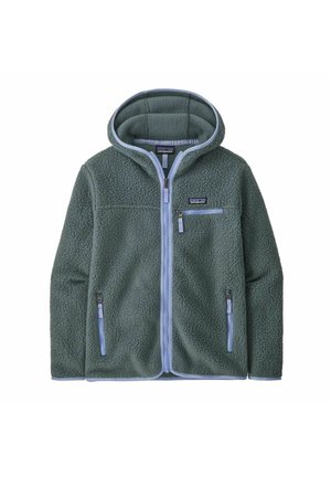 Groene fleece jas met capuchon, rits aan de voorkant en drie zakken met rits, met een Patagonia-logo op de borst.