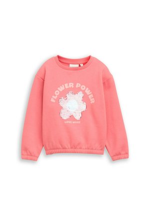 Coral pink sweatshirt with a sequin flower design and the text "Flower Power" and "Love More" on the front.