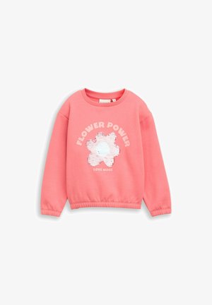 Felpa rosa corallo con design di fiore di paillettes e il testo "Flower Power" e "Love More" sul davanti.