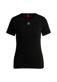 T-shirt noir à manches courtes en coton doux, avec un col rond et un petit logo blanc "HUGO" sur la poitrine. Coupe classique.