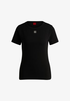 Sort t-shirt med korte ærmer lavet af blød bomuld, med rund halsudskæring og et lille hvidt "HUGO" logo på brystet. Klassisk pasform.