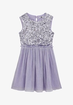 Robe sans manches lilas avec un corsage à paillettes et une jupe plissée en tulle. Dispose d'un col rond et d'une fermeture à boutons dans le dos.