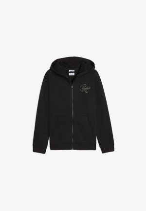 Crna zip-up dukserica napravljena od mekog materijala, s prednjim džepom, kapuljačom i zlatno izvezenim "Puma" logotipom na lijevoj strani prsnog dijela.