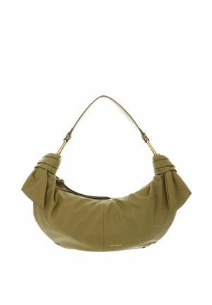 Zachte olijfgroene leren schoudertas met geknoopte details aan beide uiteinden en een gebogen riem, met een klein goudkleurig merkembleem.