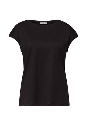 Mustat lyhythihaiset naisten T-paita, jossa pyöreä pääntie, hieman lievästi hihoissa, ja "Street One" -merkkilappu kauluksen sisäpuolella.