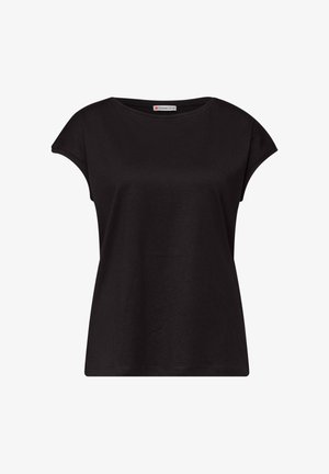 Mustat lyhythihaiset naisten T-paita, jossa pyöreä pääntie, hieman lievästi hihoissa, ja "Street One" -merkkilappu kauluksen sisäpuolella.