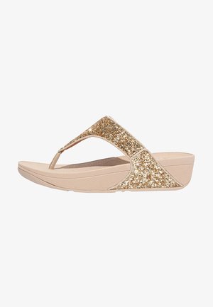 Sandal de salto wedge em tom de terra com uma tira de glitter dourado. Palmilha contornada e sola texturizada para aderência. Design open-toe com um estilo minimalista.