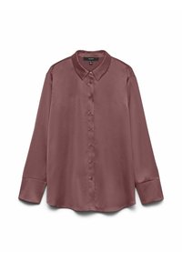 Langærmet, knap-op skjorte i blødt satin-finish stof med en dyb mauve farve, klassisk krave og en buet kant.