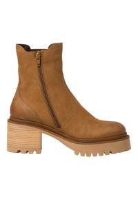 Botte en cuir tan de hauteur cheville avec fermeture éclair sur le côté, talon en bois épais, bout arrondi et finition texturée. Présente une couture contrastante et une semelle robuste.