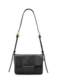 Borsa a tracolla in pelle nera con finitura testurizzata, chiusura a pattina e dettagli metallici in tonalità oro. Cintu a strappo regolabile per comodità.