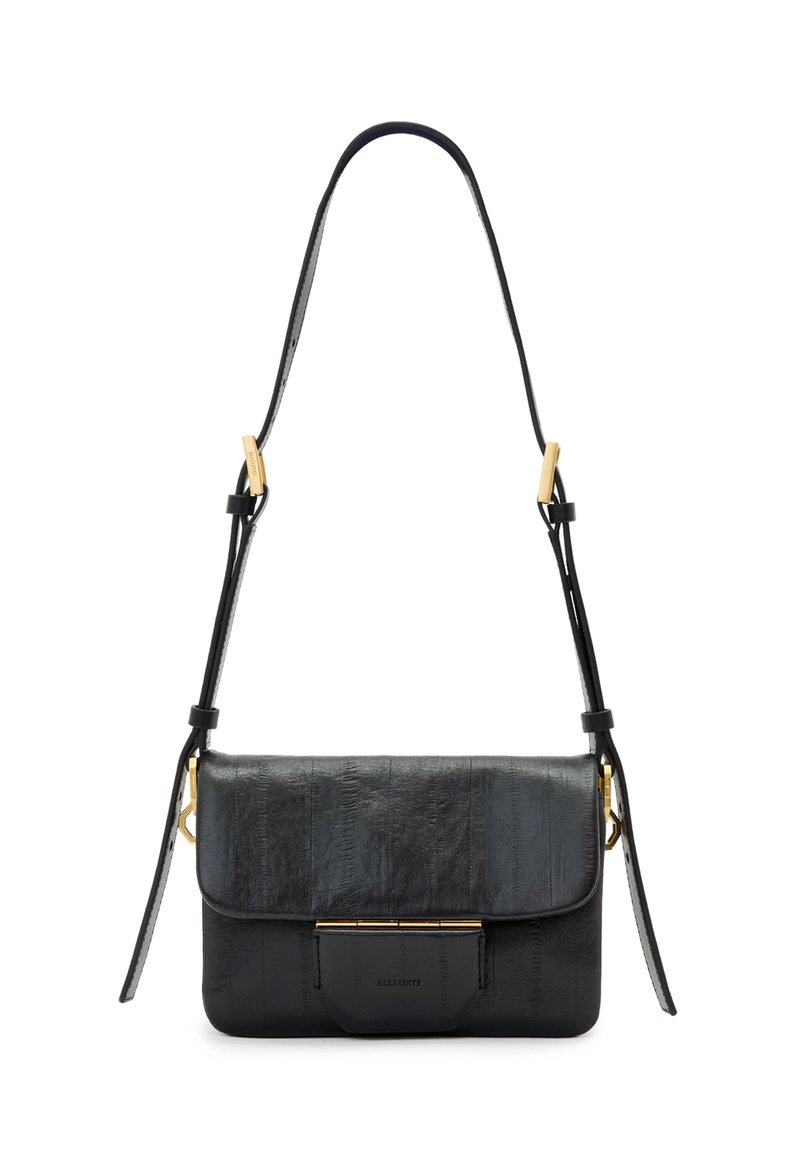 Borsa a tracolla in pelle nera con finitura testurizzata, chiusura a pattina e dettagli metallici in tonalità oro. Cintu a strappo regolabile per comodità.