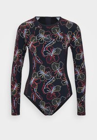 Maillot de bain à manches longues en marine, arborant un motif floral rouge, jaune et bleu. Fabriqué en matériau extensible avec un col rond.