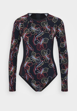 Plavky s dlhým rukávom v námorníckej modrej farbe, so vzorom kvetov v červenej, žltej a modrej. Vyrobené z elastického materiálu s okrúhlym výstrihom.