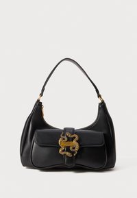 Black leather shoulder bag with front pocket featuring gold double snake clasp and Just Cavalli Milano logo.