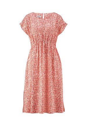 Bloemenprint jurk in lichtroze en rood, met een ontspannen pasvorm, korte mouwen, elastische taille en een knielange zoom. Soepele, lichte stof.