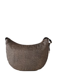 Hobo bag made of textured black and beige material. Curved shape with a zip closure and a short black strap on one side.