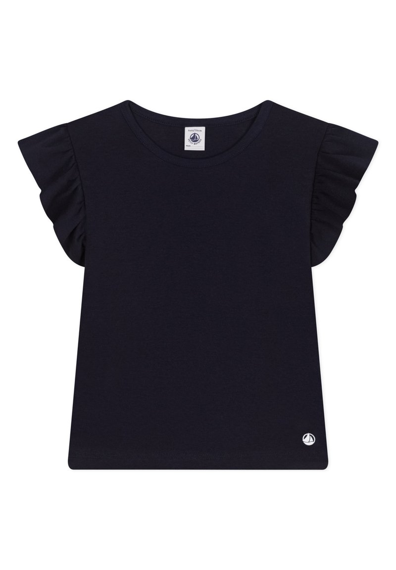 T-shirt blu navy con maniche corte a volant, scollo rotondo e un piccolo logo in basso a destra. Realizzato in morbido cotone.