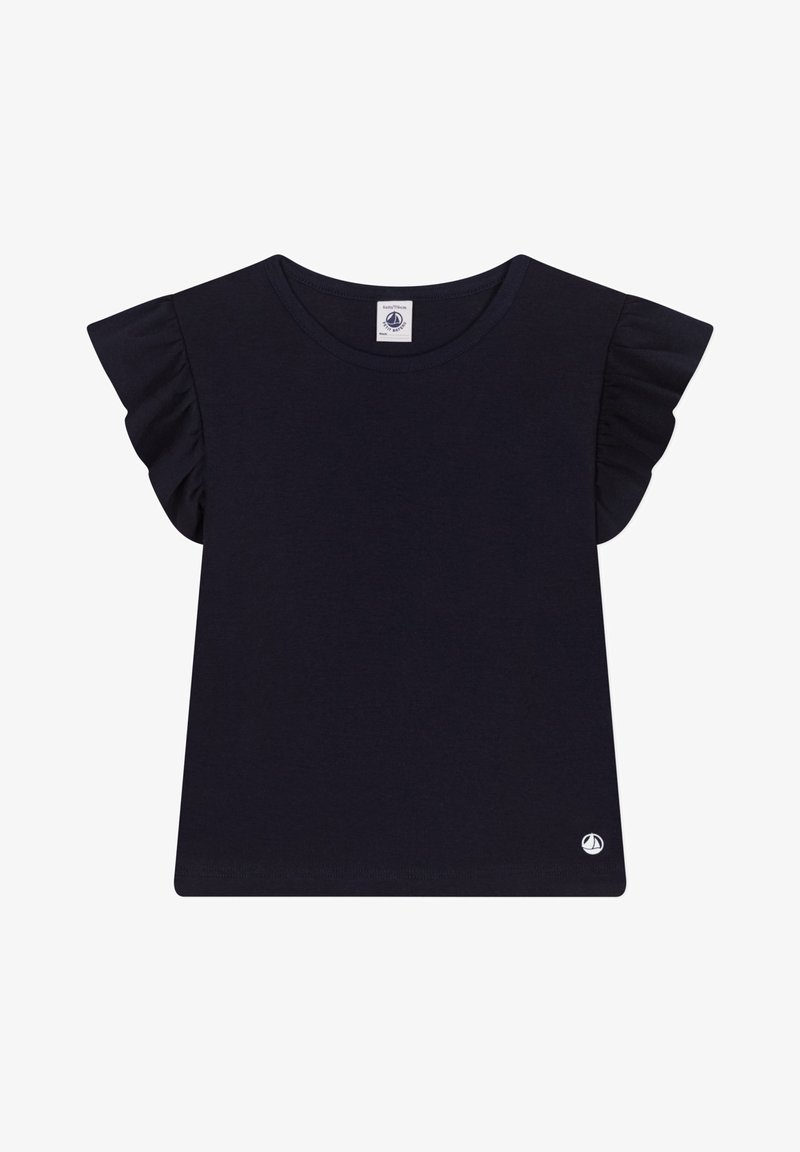 Marineblauwe t-shirt met korte, gerimpelde mouwen, een ronde halslijn en een klein logo rechts onderaan. Gemaakt van zachte katoenen stof.