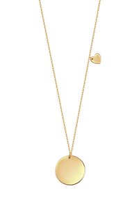 Złoty naszyjnik z okrągłym wisiorkiem i małym serduszkiem; charakteryzuje się gładkim wykończeniem i delikatnym łańcuszkiem, tworząc minimalistyczny wzór.