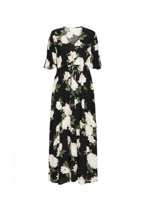 Black maxi dress with short flutter sleeves, featuring a floral pattern of white peonies and green leaves, cinched at the waist with a tie.