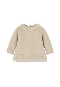 Maglione beige lavorato a maglia con colletto arricciato, maniche lunghe e orlo decorativo con motivi ad occhietto e piccoli dettagli rosa.