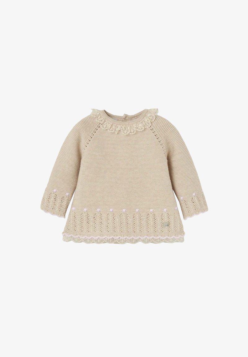 Maglione beige lavorato a maglia con colletto arricciato, maniche lunghe e orlo decorativo con motivi ad occhietto e piccoli dettagli rosa.
