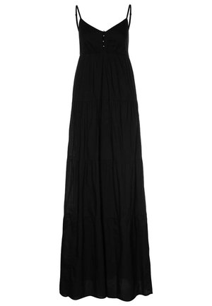 Robe maxi noire à bretelles spaghetti, présentant un détail de boutons au niveau du corsage et un design de jupe à volants, confectionnée en tissu léger.