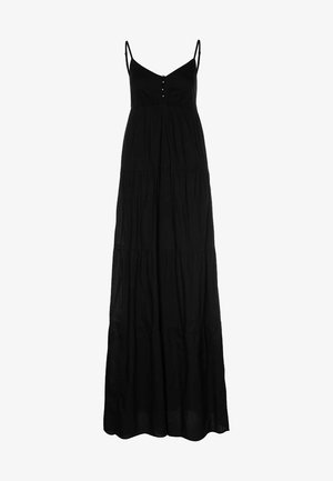 Robe maxi noire à bretelles spaghetti, présentant un détail de boutons au niveau du corsage et un design de jupe à volants, confectionnée en tissu léger.