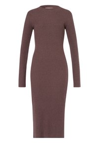 Ribbed knit dress in mauve, featuring long sleeves and a crew neckline. Form-fitting design extends to below the knees.